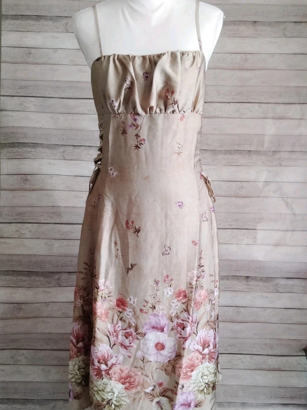 Floral Taupe Spaghetti Strap Cami Dress With Lining Junior Size L
